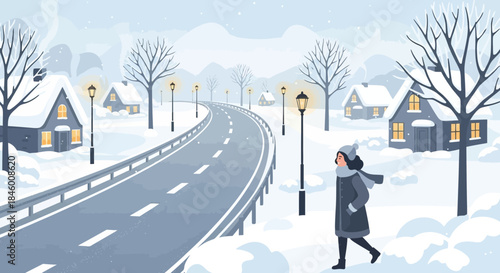 Woman Walking on Snowy Roadside.