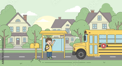 Young Boy Waiting at Bus Stop.