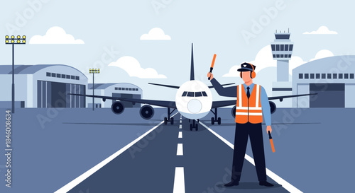 Airport Ground Staff Directing Airplane on Tarmac.