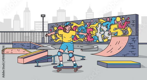 Young Skateboarder Performing Tricks at Skatepark.