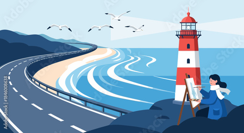 Artist Painting Lighthouse by the Ocean.