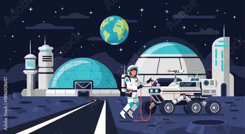 Astronaut Walking Near Space Rover Vehicle.