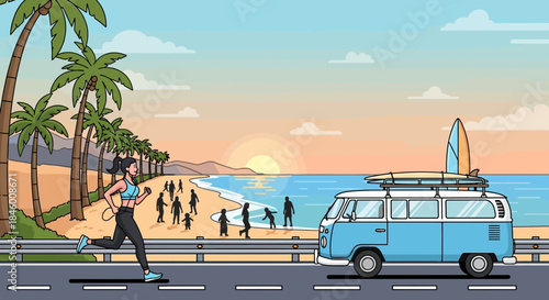 Blue Van with Surfboard on Roof.