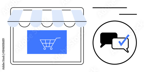 Digital store window with canopy and shopping cart display beside chat bubbles with a checkmark. Ideal for e-commerce, customer engagement, reviews, verification, online shopping, retail
