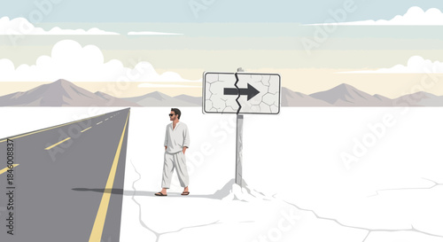Man Standing Near Direction Signpost on Road.