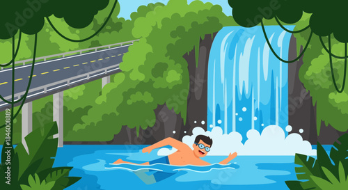 Man Swimming Near Waterfall in River.
