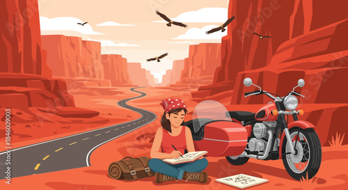 Woman Sitting Beside Motorcycle Reading Book.