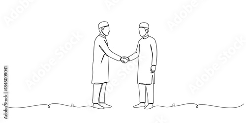 Continuous one line drawing of two men shaking hands after Eid prayer, representing friendship and peace, the Islamic holy days, Eid al-Fitr, Eid al-Adha, line art style vector illustration.