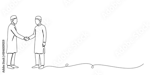 Continuous one line drawing of two men shaking hands after Eid prayer, representing friendship and peace, the Islamic holy days, Eid al-Fitr, Eid al-Adha, line art style vector illustration.