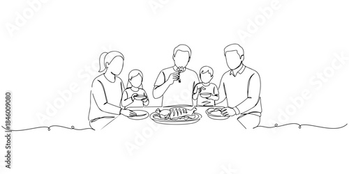 Continuous one line drawing of family sitting together enjoying sacrificial meat dish, which represents togetherness and gratitude, the Islamic holy days, Eid al-Fitr, Eid al-Adha, line art style vect