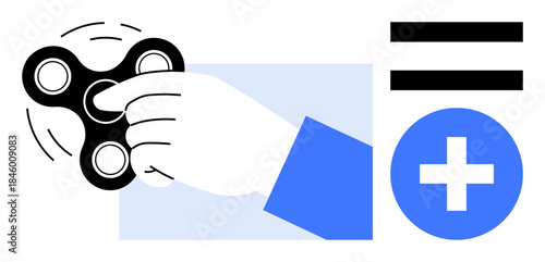 Hand spinning a black fidget spinner, motion lines indicating movement, equal sign, and plus symbol. Ideal for focus, relaxation, mental health, balance, mindfulness stress relief simple flat