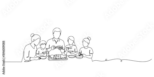 Continuous one line drawing of family sitting together enjoying sacrificial meat dish, which represents togetherness and gratitude, the Islamic holy days, Eid al-Fitr, Eid al-Adha, line art style vect