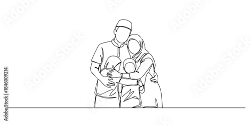 Continuous one line drawing of a man wearing a koko shirt hugging his family, representing the togetherness and warmth of Eid al-Adha, the Islamic holy days, Eid al-Fitr, Eid al-Adha, line art style v