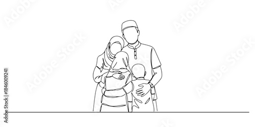 Continuous one line drawing of a man wearing a koko shirt hugging his family, representing the togetherness and warmth of Eid al-Adha, the Islamic holy days, Eid al-Fitr, Eid al-Adha, line art style v