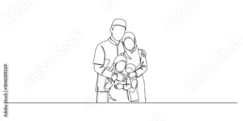 Continuous one line drawing of a man wearing a koko shirt hugging his family, representing the togetherness and warmth of Eid al-Adha, the Islamic holy days, Eid al-Fitr, Eid al-Adha, line art style v