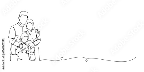 Continuous one line drawing of a small family posing together wearing Eid clothes, representing the warm atmosphere of Eid al-Adha, the Islamic holy days, Eid al-Fitr, Eid al-Adha, line art style vect