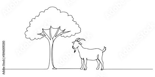 Continuous one line drawing of a goat standing quietly under a tree, which represents the symbol of sacrifice in Eid al-Adha, the Islamic holy days, Eid al-Fitr, Eid al-Adha, line art style vector ill