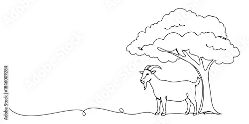 Continuous one line drawing of a goat standing quietly under a tree, which represents the symbol of sacrifice in Eid al-Adha, the Islamic holy days, Eid al-Fitr, Eid al-Adha, line art style vector ill