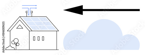 Renewable energy concept. Solar panels indicate clean energy generation. Arrow s energy flow, emphasizing sustainability. Renewable energy supports eco homes, sustainability, technology, future