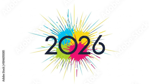 Vibrant colorful explosion with 2026 in bold black text on white background representing future years and celebration
