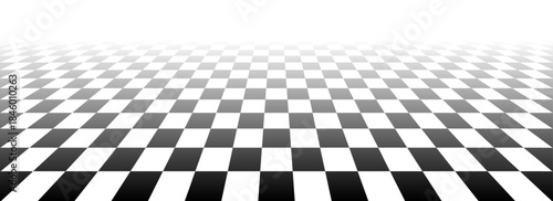 Checkerboard floor fading in perspective. Black and white vanishing checkered tile pattern background. Vector vintage empty room stage checker floor. Retro horizontal chess board grid plane surface