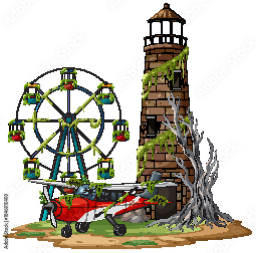 Abandoned Lighthouse with Ferris Wheel and Old Airplane Illustration