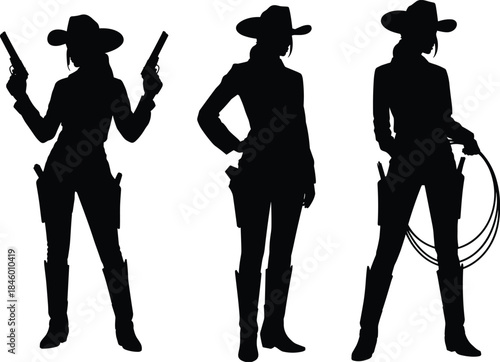 Stylized Cowgirl Silhouettes with Pistols, Lasso, and Western Hats in Dynamic Poses – Wild West Female Icons for Vector Design