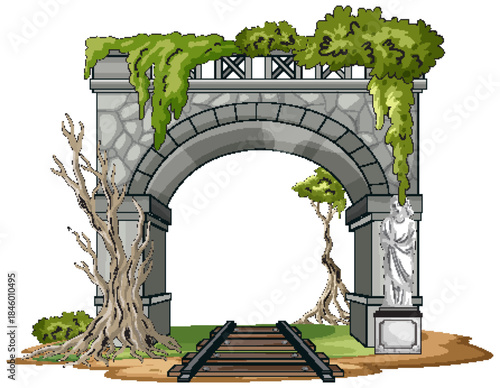 Abandoned Stone Railway Arch with Overgrown Vines and Statue