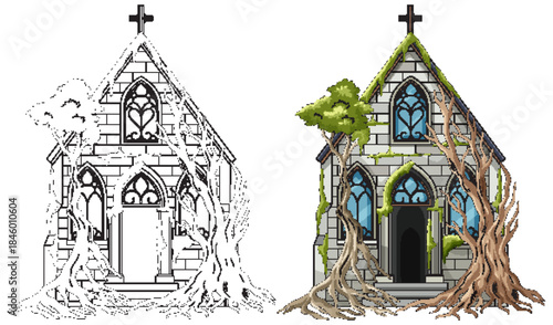 Abandoned Stone Chapel Overtaken by Tree Roots Illustration