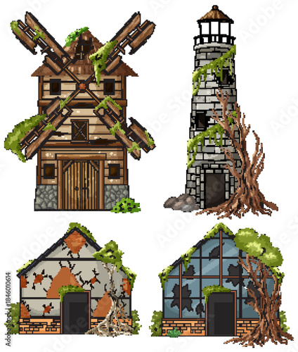 Abandoned Buildings with Overgrown Trees and Broken Windows