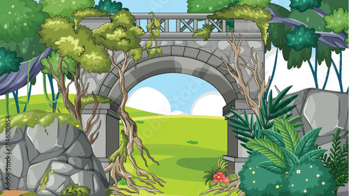 Old Stone Bridge in Overgrown Green Landscape