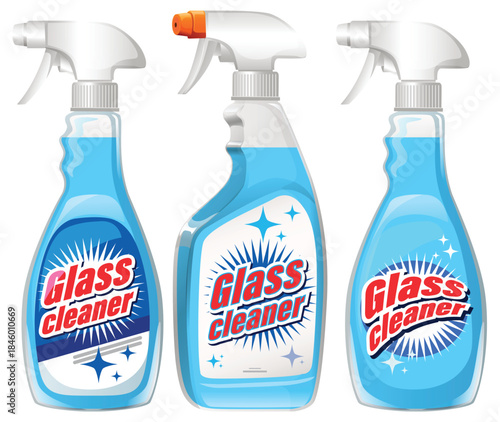 Three Blue Glass Cleaner Spray Bottles Vector Illustration