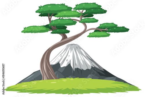 Curved Pine Tree with Snowy Mountain Background Vector