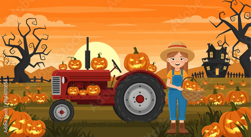 Cartoon Farmer Standing Near Red Tractor Pumpkins.