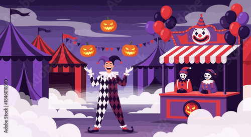 Clown Juggling Pumpkins at Halloween Carnival.