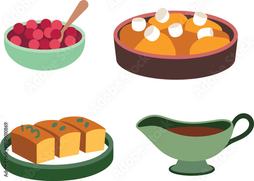 Traditional Thanksgiving food illustrations set with cranberry sauce, sweet potatoes with marshmallows, cornbread slices and gravy boat, flat vector icons isolated