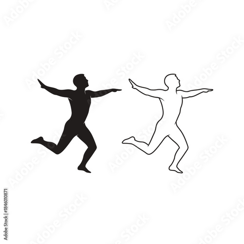 Silhouette and Outline of a Running Man in Motion on White Background Keywords: running, man, silhouette, outline, figure