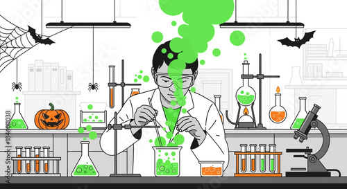 Scientist Conducting Experiment with Green Liquid.