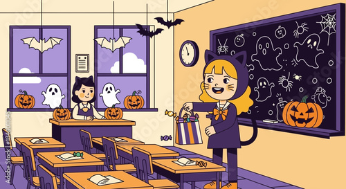 Teacher Giving Gifts in Classroom Halloween Party.