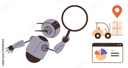 Robot analyzing with magnifying glass, forklift moving boxes, bar chart on browser and location icon. Ideal for automation, AI, logistics, efficiency, technology data analysis innovation. Simple
