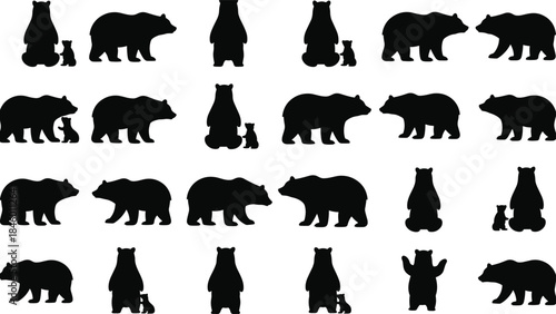 Vector silhouette illustration set of bears and cubs in various poses and positions, perfect for wildlife design elements, nature themes, and creative artwork
