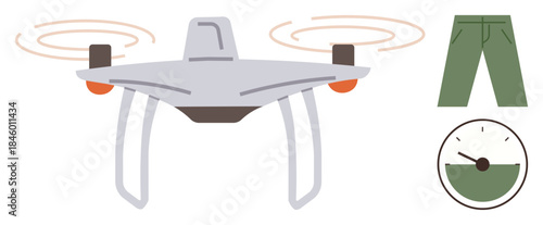 quadcopter flying with active propellers, green pants symbolizing outdoor activities, and a speedometer representing control or speed. Ideal for technology, travel, adventure, sports, measurement
