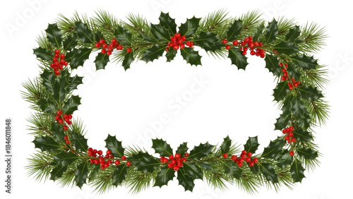 Christmas holly and pine festive frame border with red berries on a transparent background PNG image