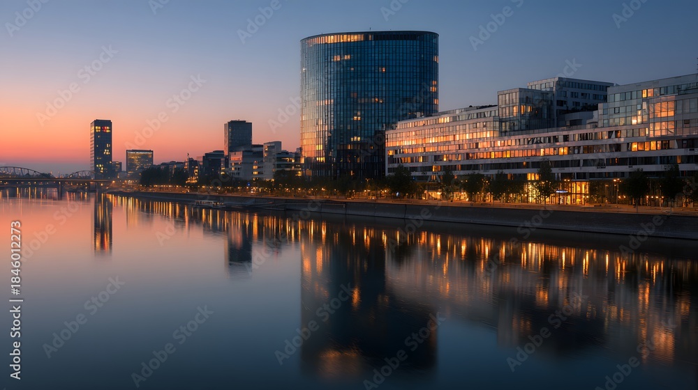 Fototapeta premium Modern waterfront cityscape reflects in calm water during twilight hours