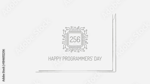 Programmers’ Day Greeting Card Vector with 256 – Flat Tech Design thin line-art microchip illustration