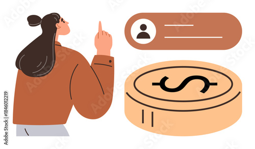 Woman gesturing toward user profile and large dollar coin, symbolizing financial management, digital payment, budgeting, monetary decisions, user account setup, cost analysis, and economic growth