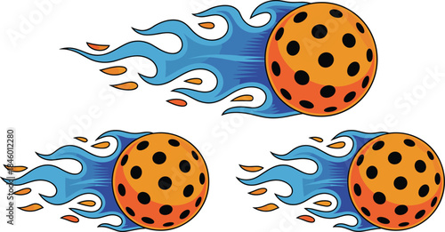 Flaming Pickleballs in Motion with Blue and Orange Fire Trails – Dynamic Sports Vector for Speed, Energy, and Impact Concepts