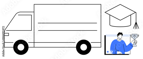 Delivery truck, graduation cap, and student holding a trophy on a screen. Ideal for education, e-learning, logistics, achievement, academic success, online training and remote recognition themes