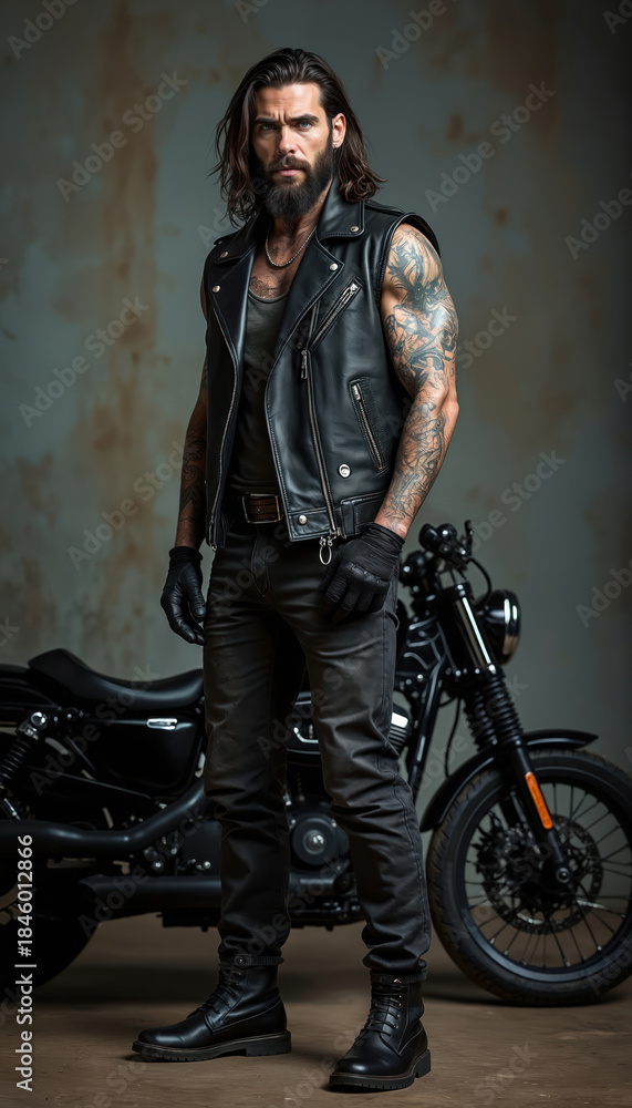 Naklejka premium Brutal tattooed man in leather vest and jeans. Confident male biker stands near black motorcycle. Fierce person with long hair and beard, old school style.