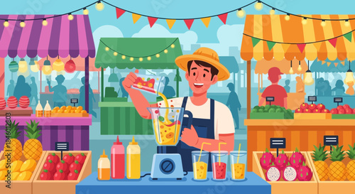 Cartoon Vendor Preparing Fresh Fruit Juice.